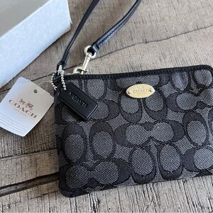 Coach Signature corner zip wristlet black smoke canvas and leather